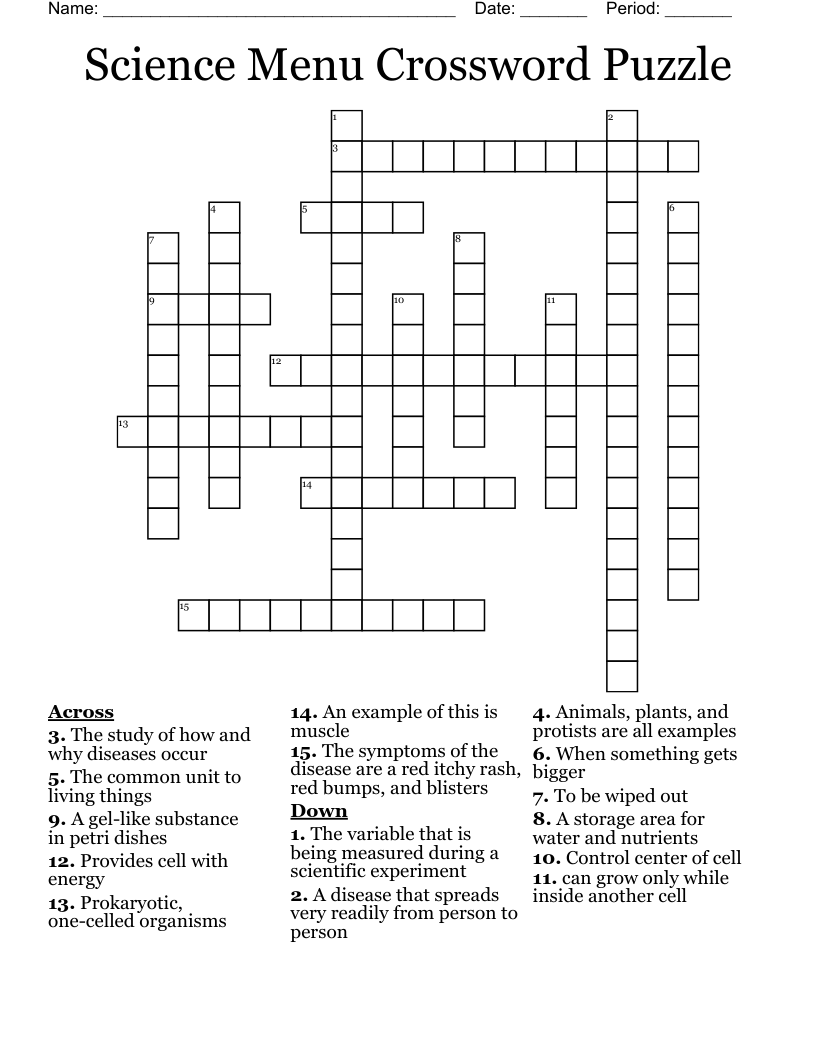 Science Menu Crossword Puzzle