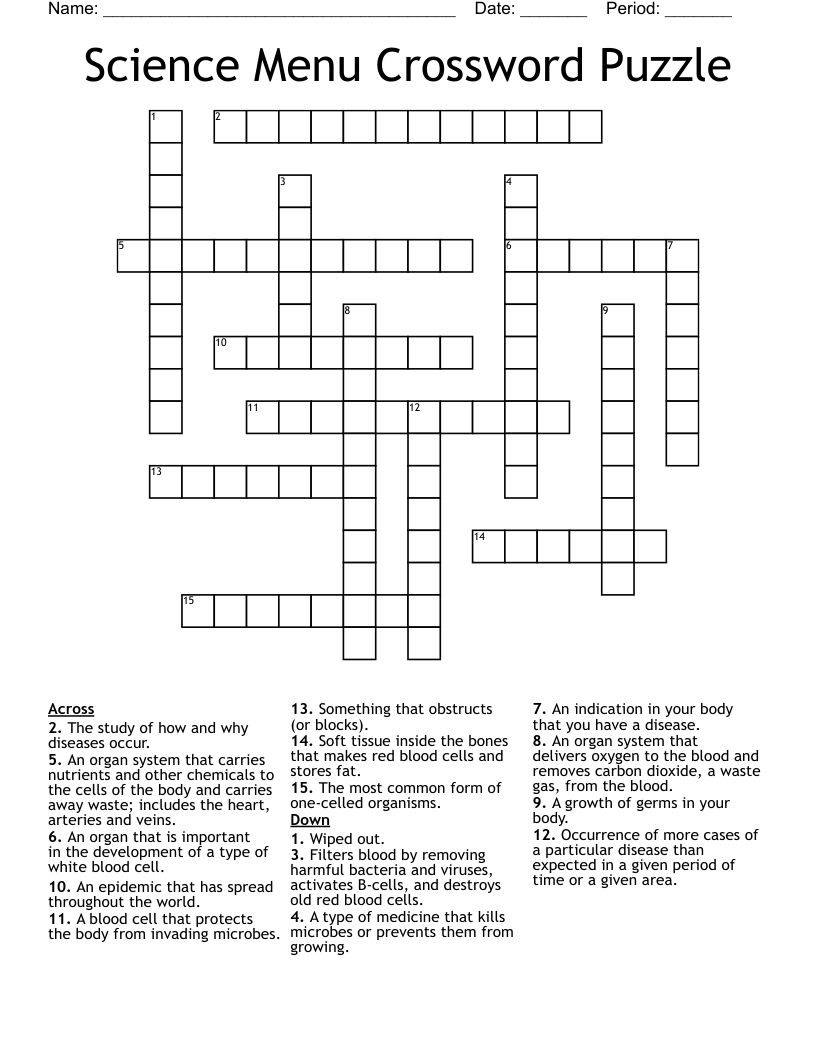 Science Menu Crossword Puzzle