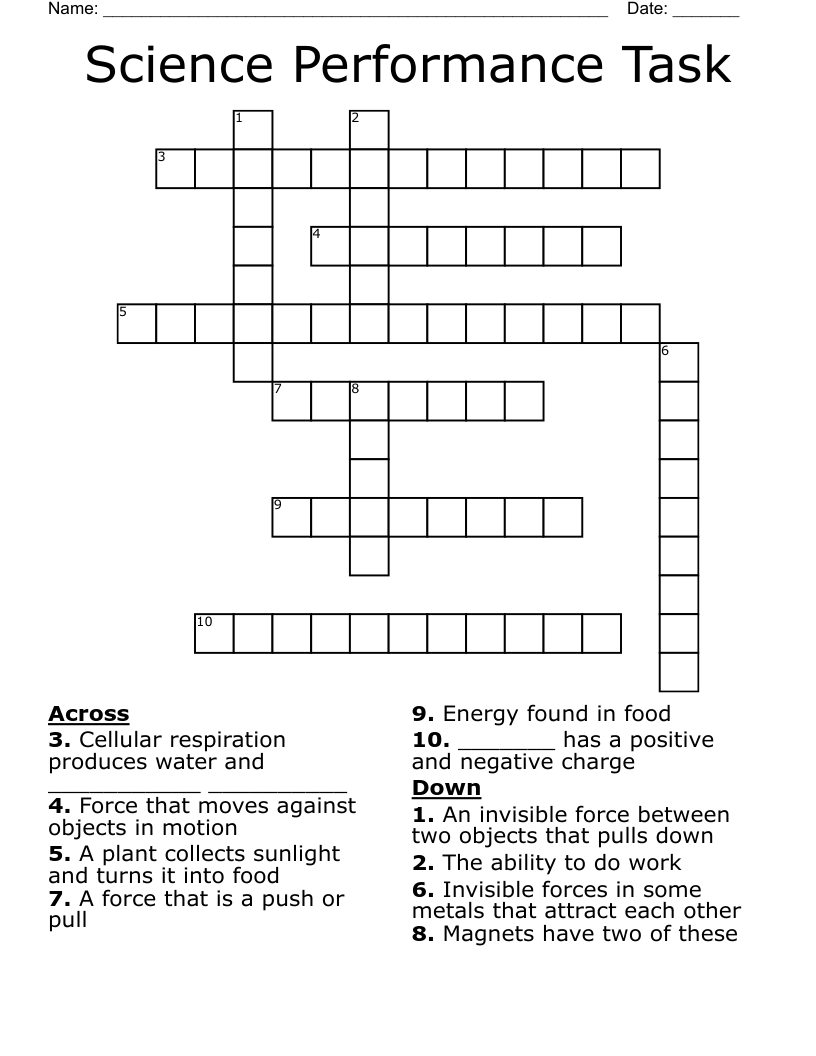 Science Performance Task Crossword
