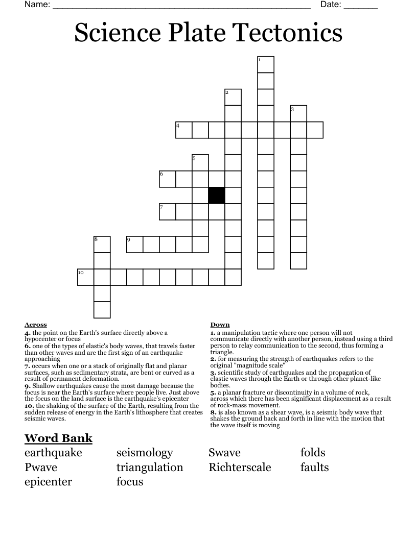 Science Plate Tectonics Crossword