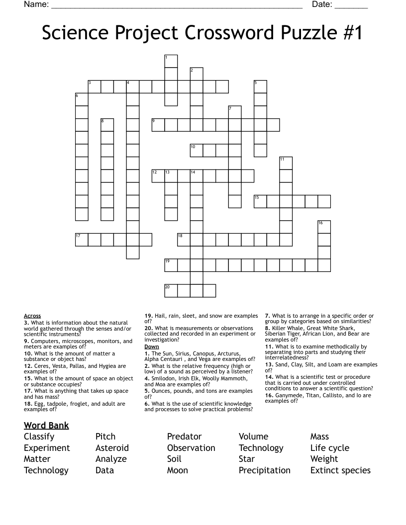Science Project Crossword Puzzle #1