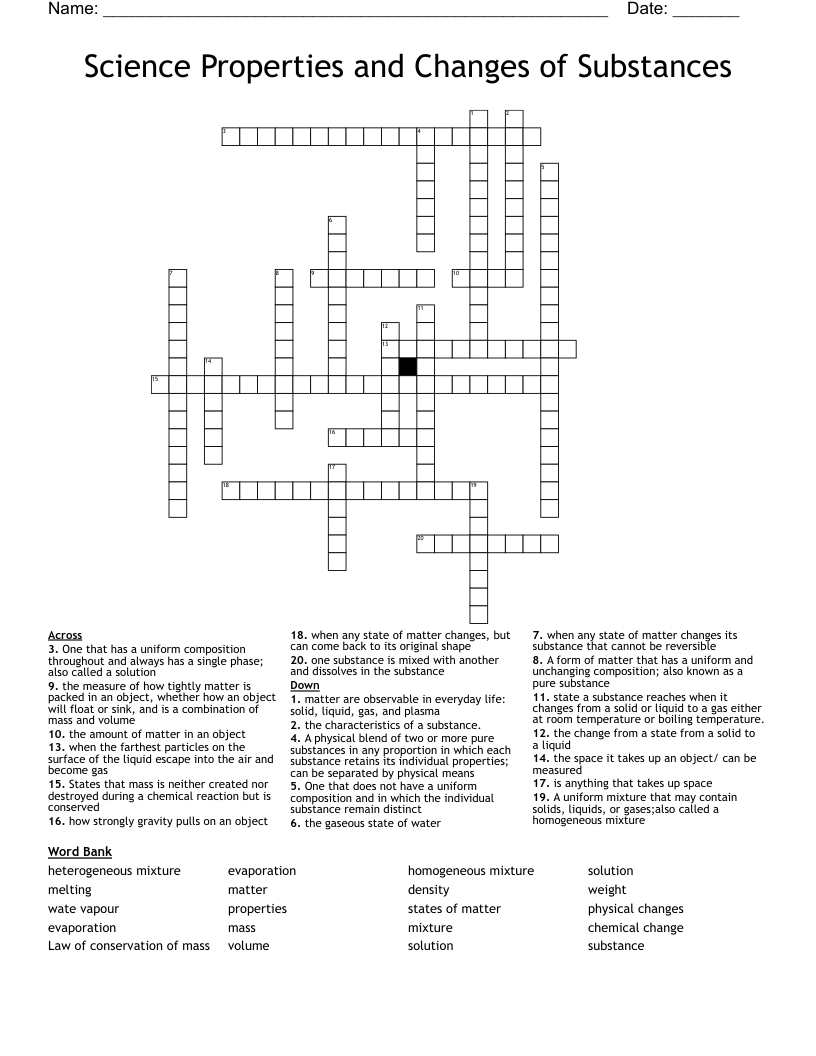 Science Properties and Changes of Substances Crossword