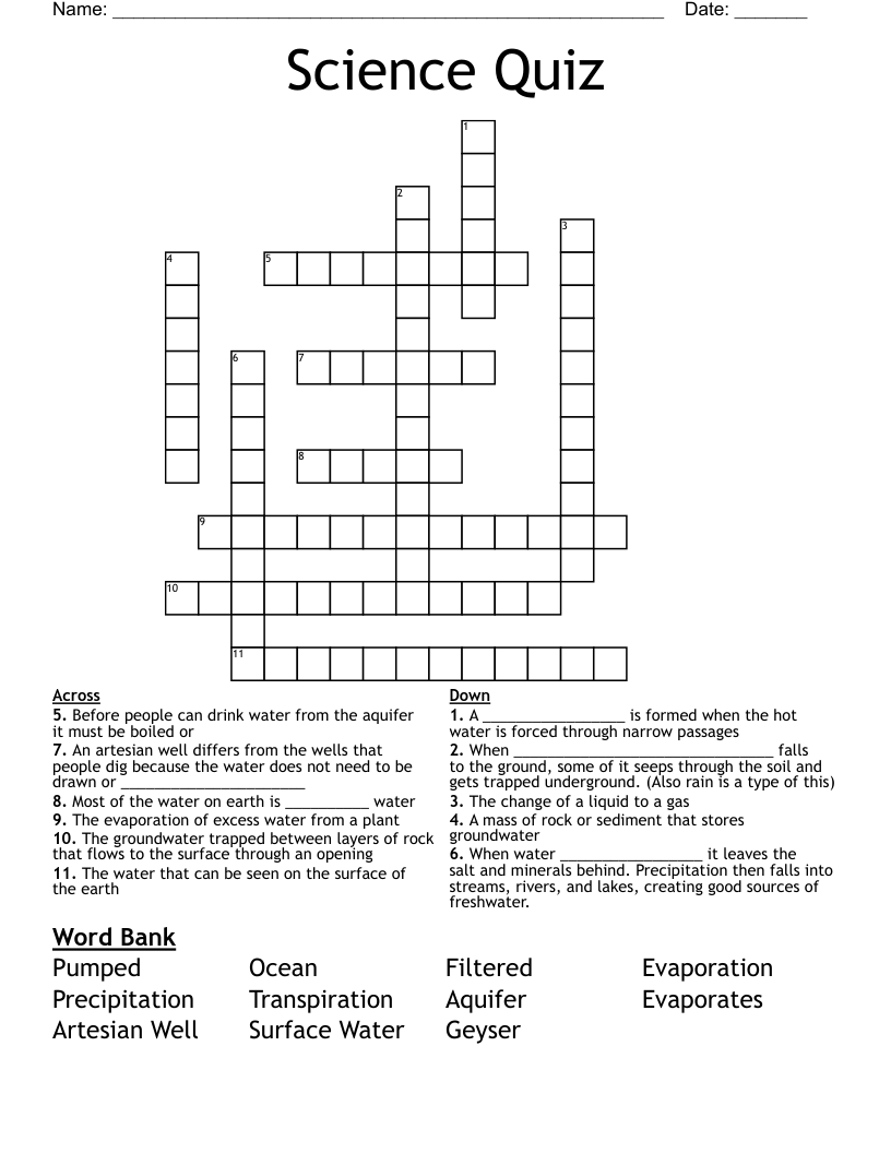 Science Quiz  Crossword