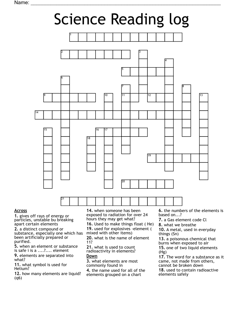 Science Reading log Crossword