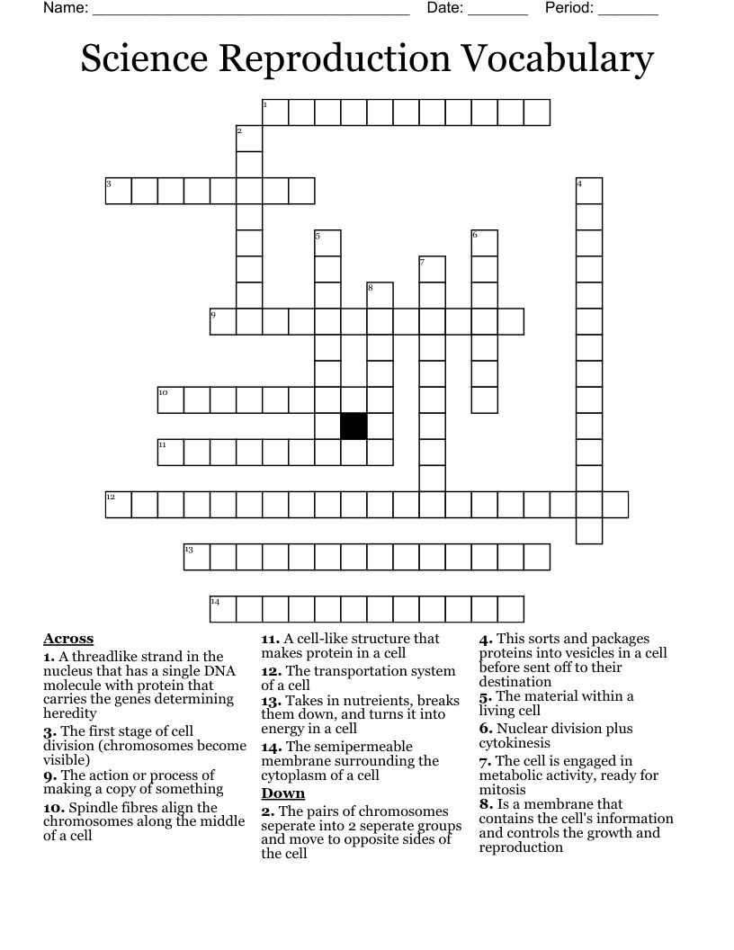 Science Reproduction Vocabulary  Crossword