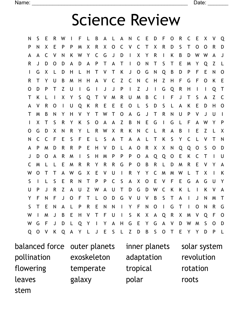 Science Review Word Search