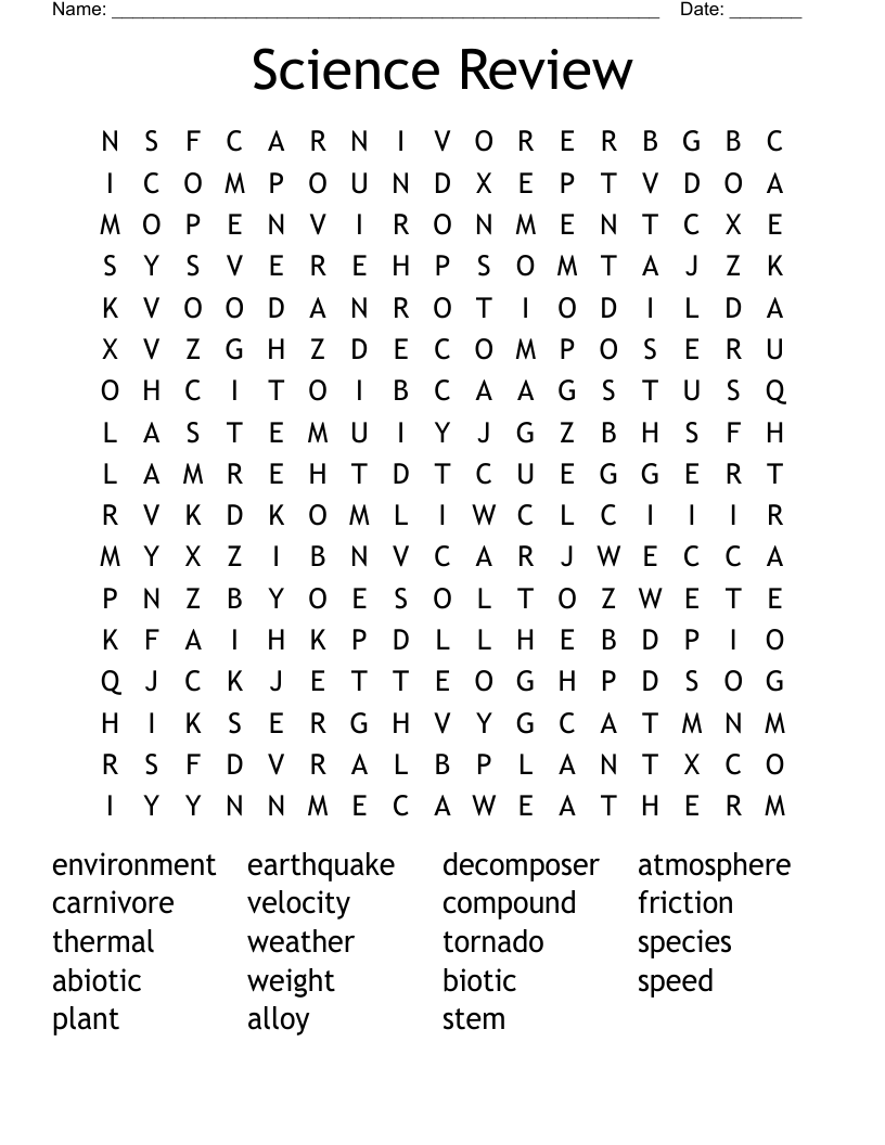 Science Review Word Search