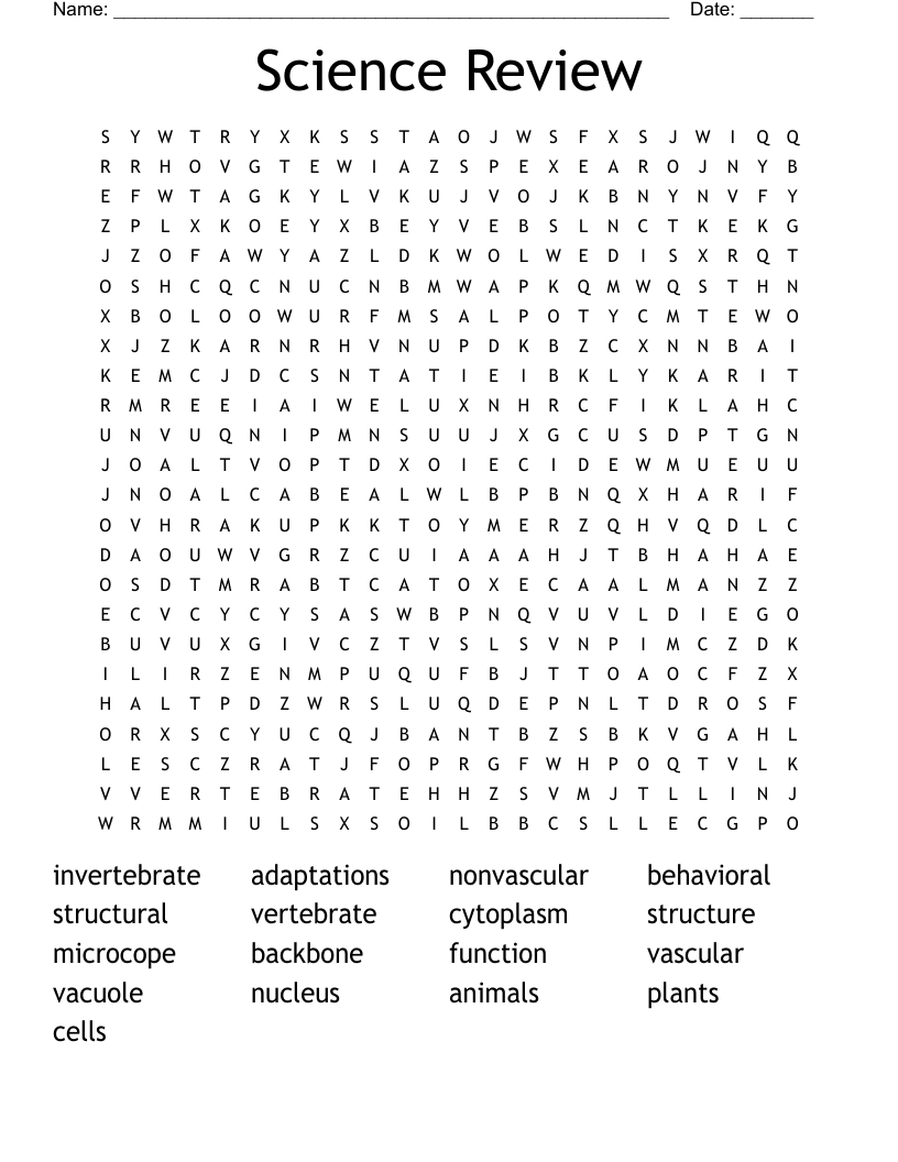 Science Review Word Search