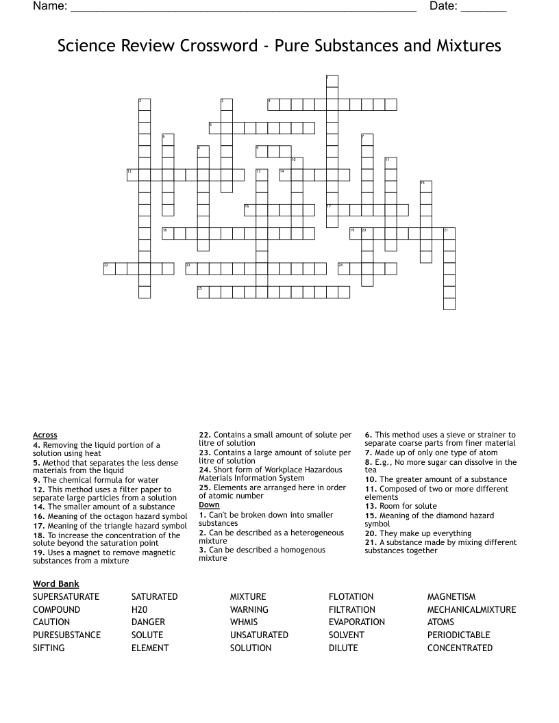 Science Review Crossword - Pure Substances and Mixtures