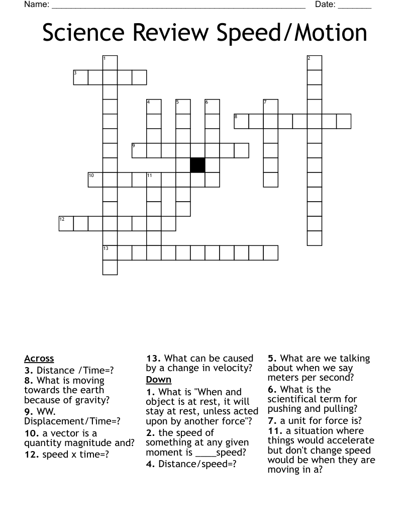 Science Review Speed/Motion Crossword