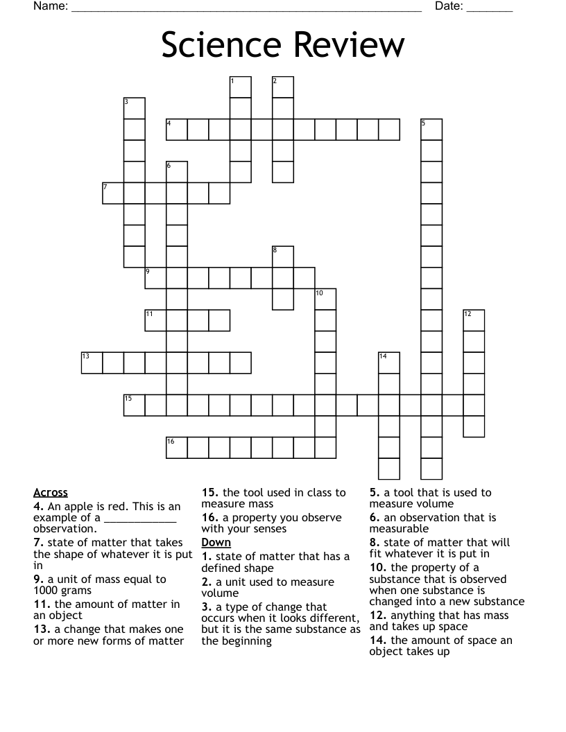 Science Review  Crossword