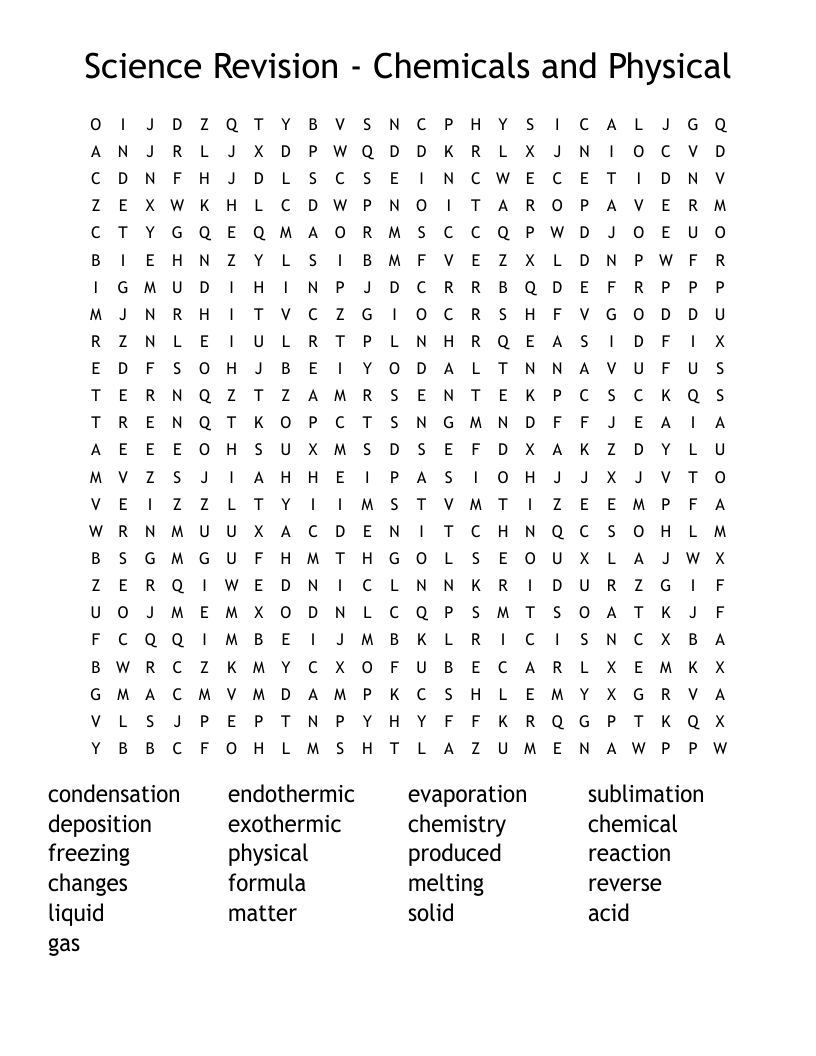 Science Revision - Chemicals and Physical Word Search