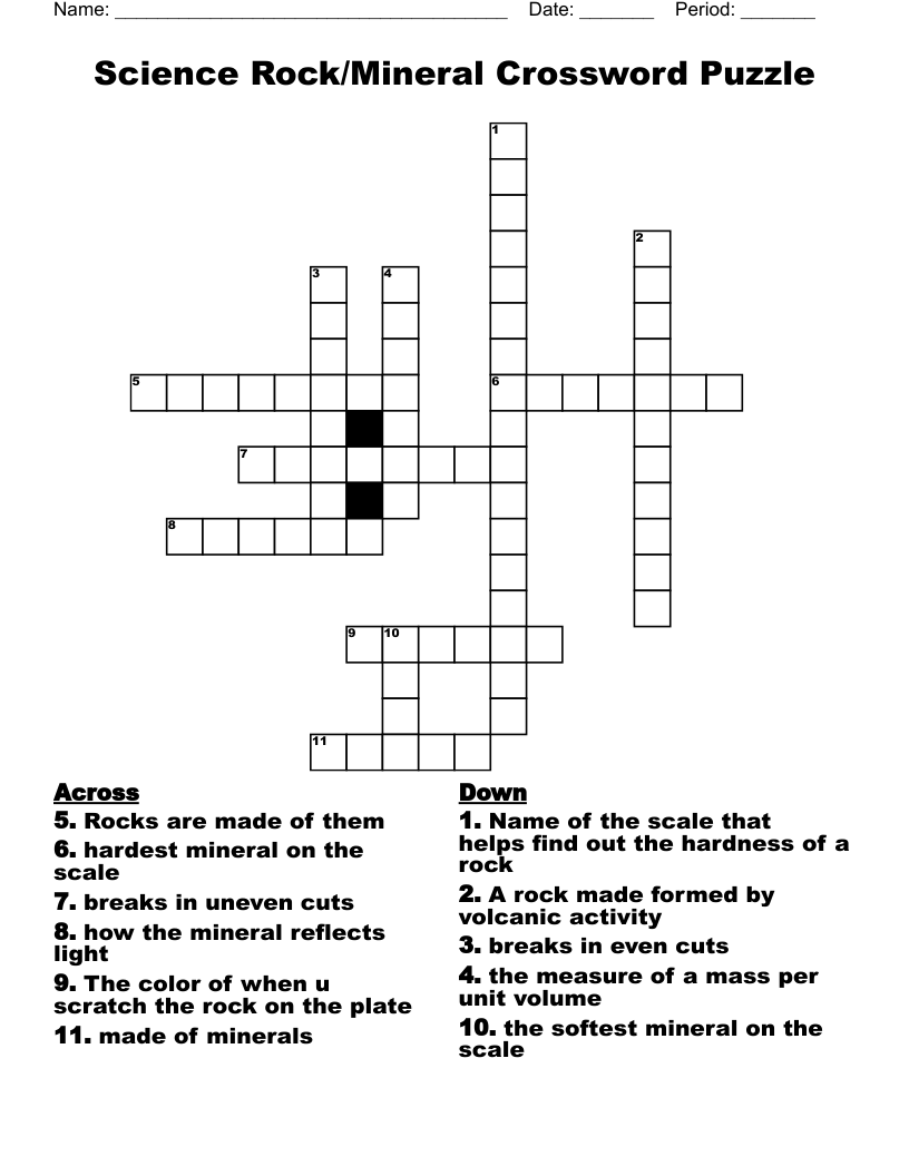 Science Rock/Mineral Crossword Puzzle
