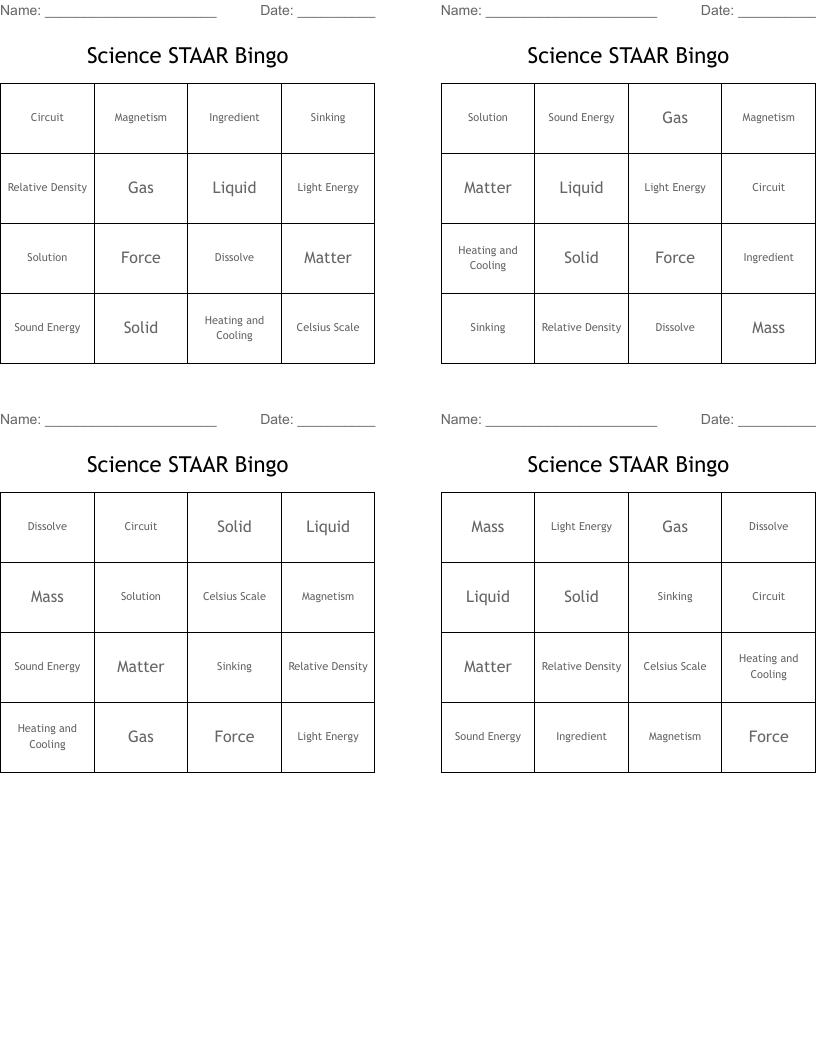 Science STAAR Bingo