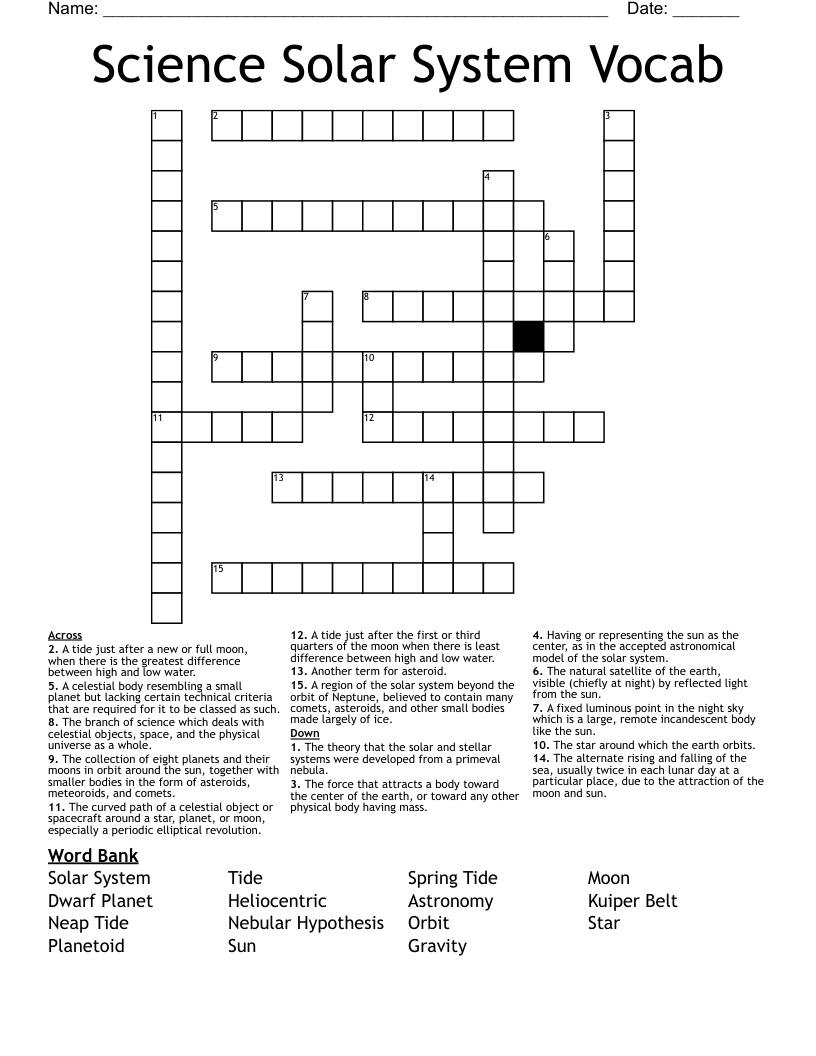 Science Solar System Vocab Crossword