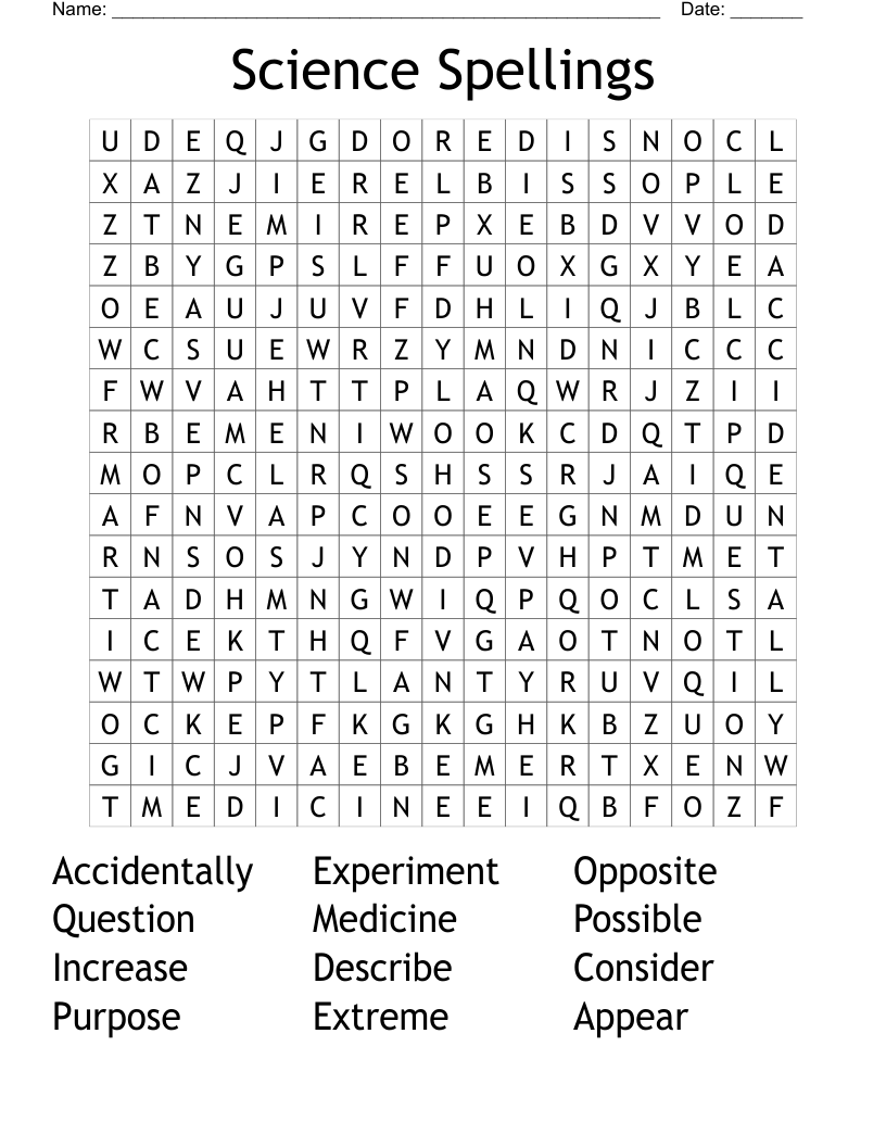 Science Spellings Word Search
