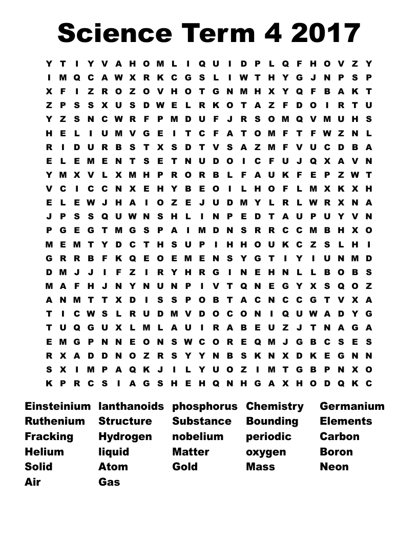 Science Term 4 2017 Word Search