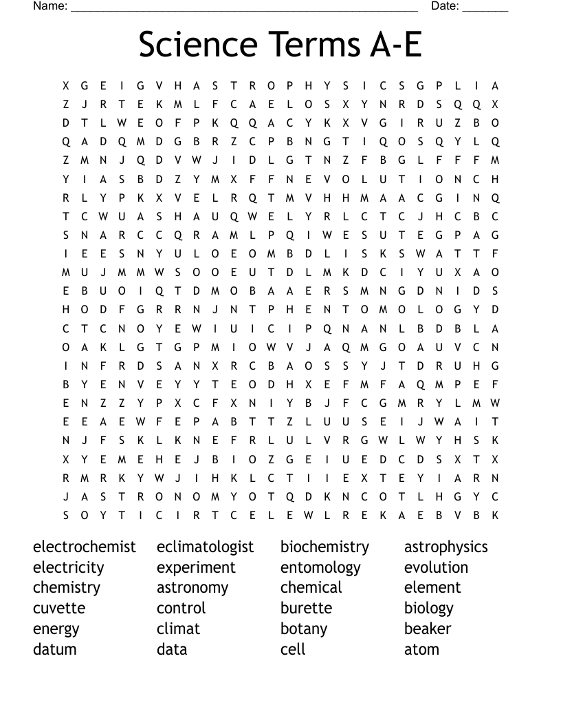 Science Terms A-E Word Search