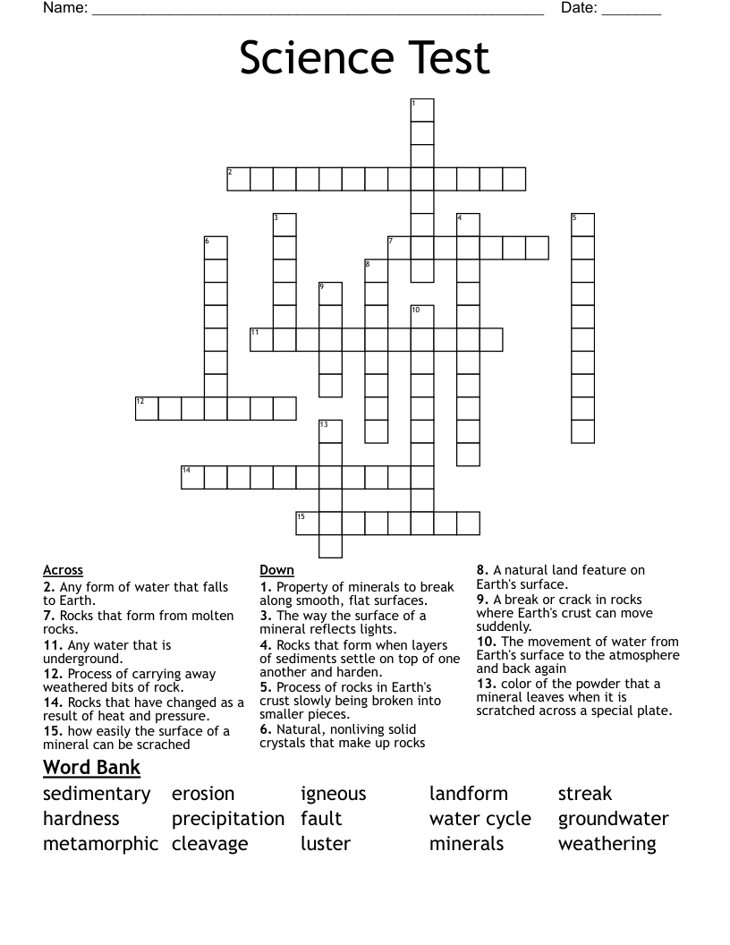Science Test Crossword