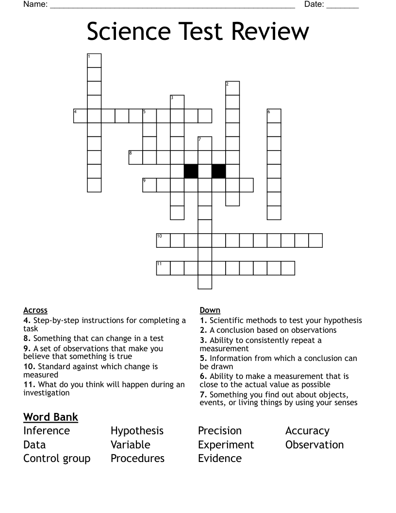 Science Test Review Crossword