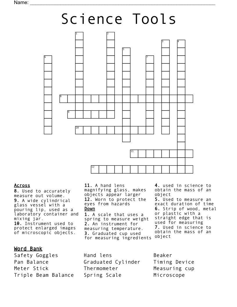 Science Tools Crossword