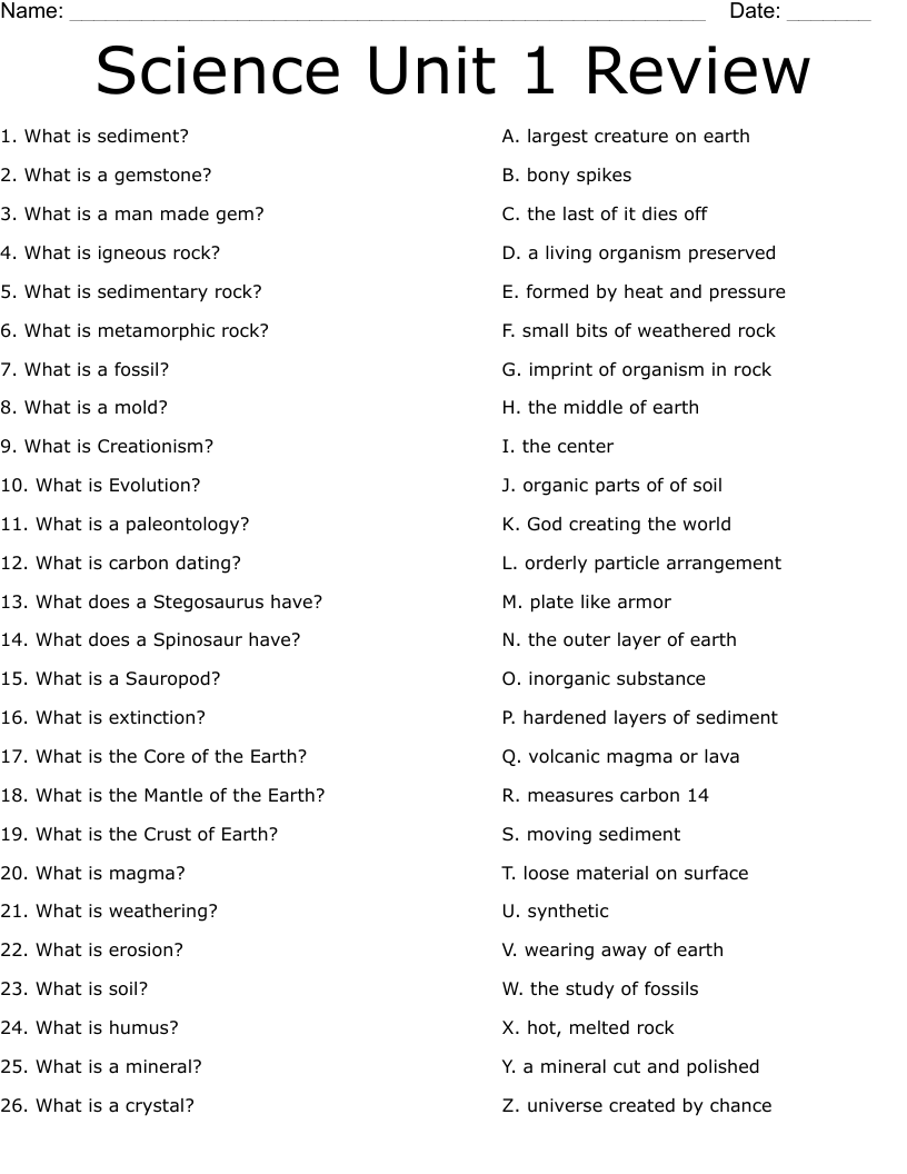 Science Unit 1 Review Worksheet