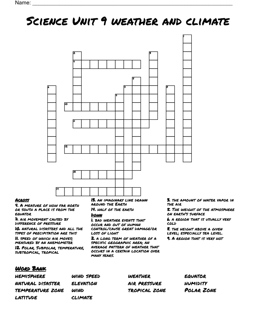 Science Unit 9 weather and climate Crossword