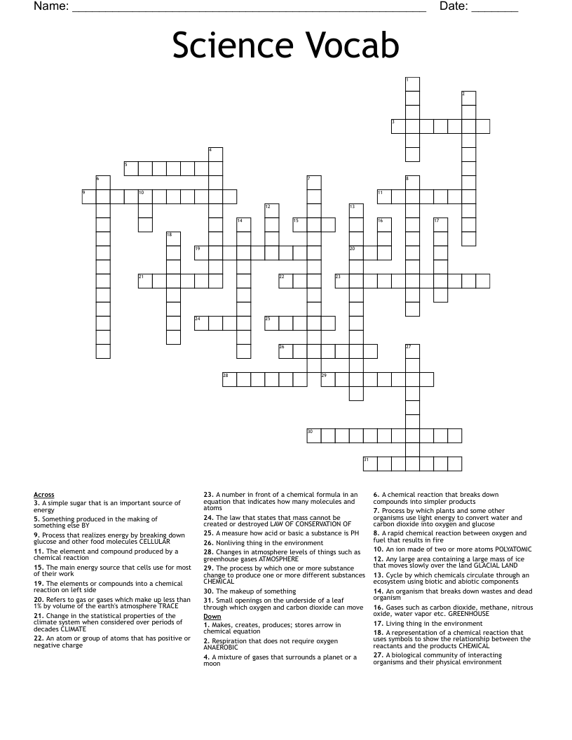 Science Vocab Crossword