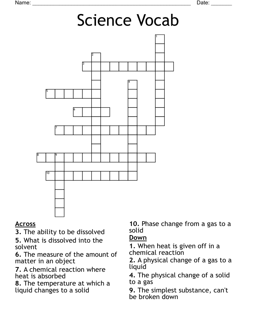 Science Vocab Crossword