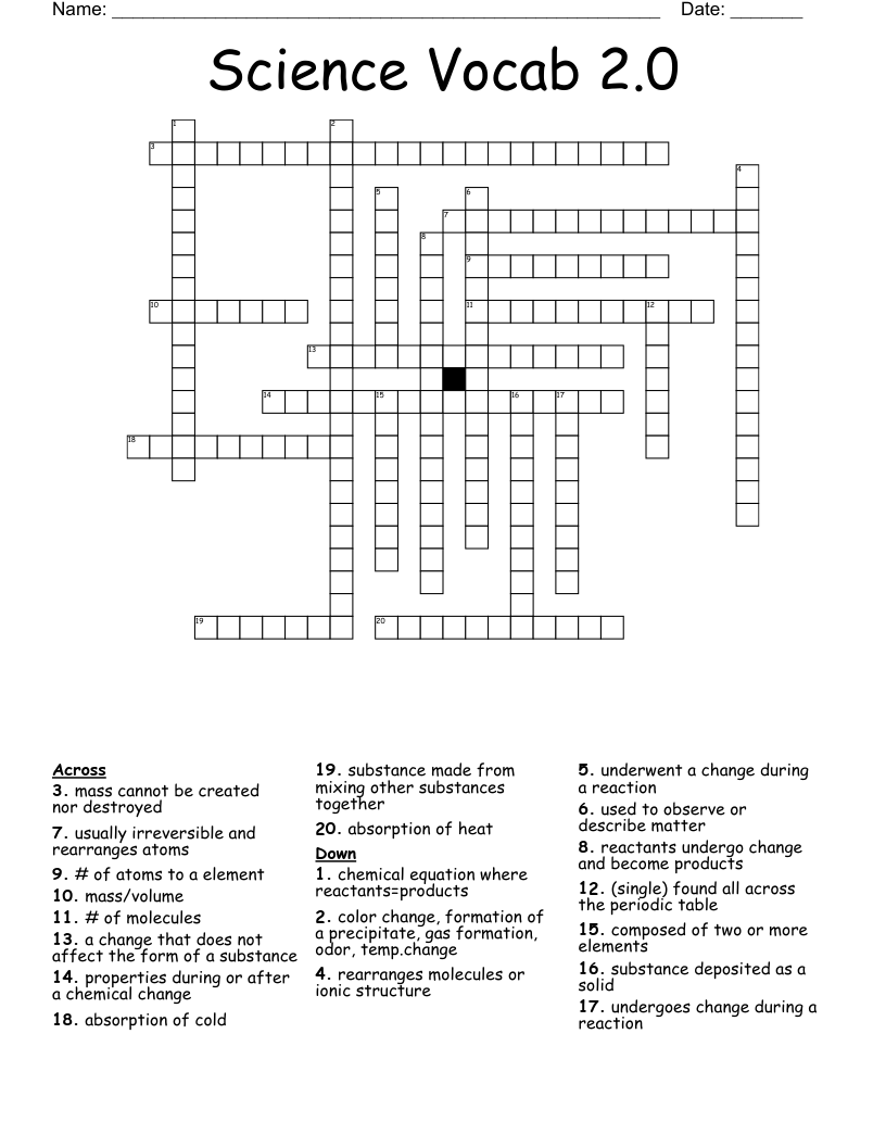 Science Vocab 2.0 Crossword