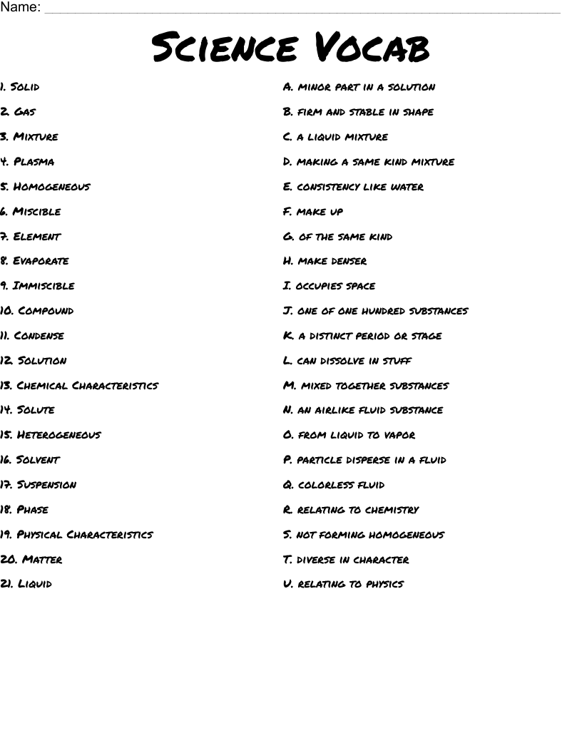 Science Vocab Worksheet