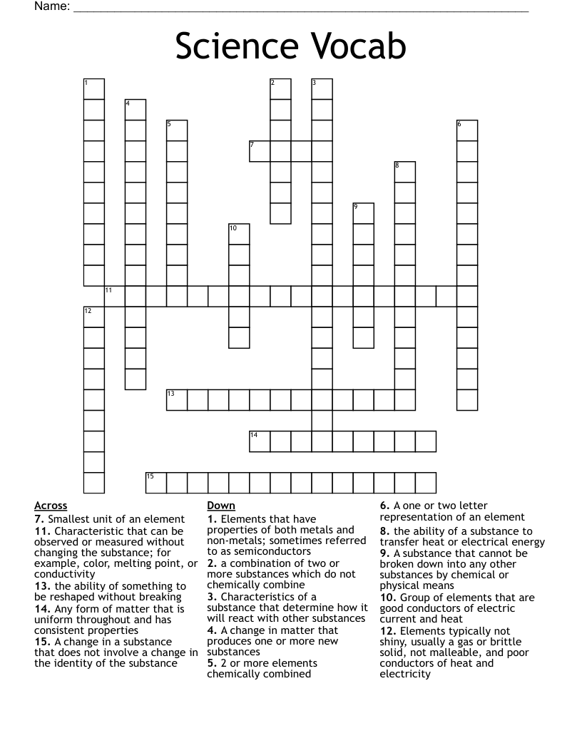 Science Vocab Crossword