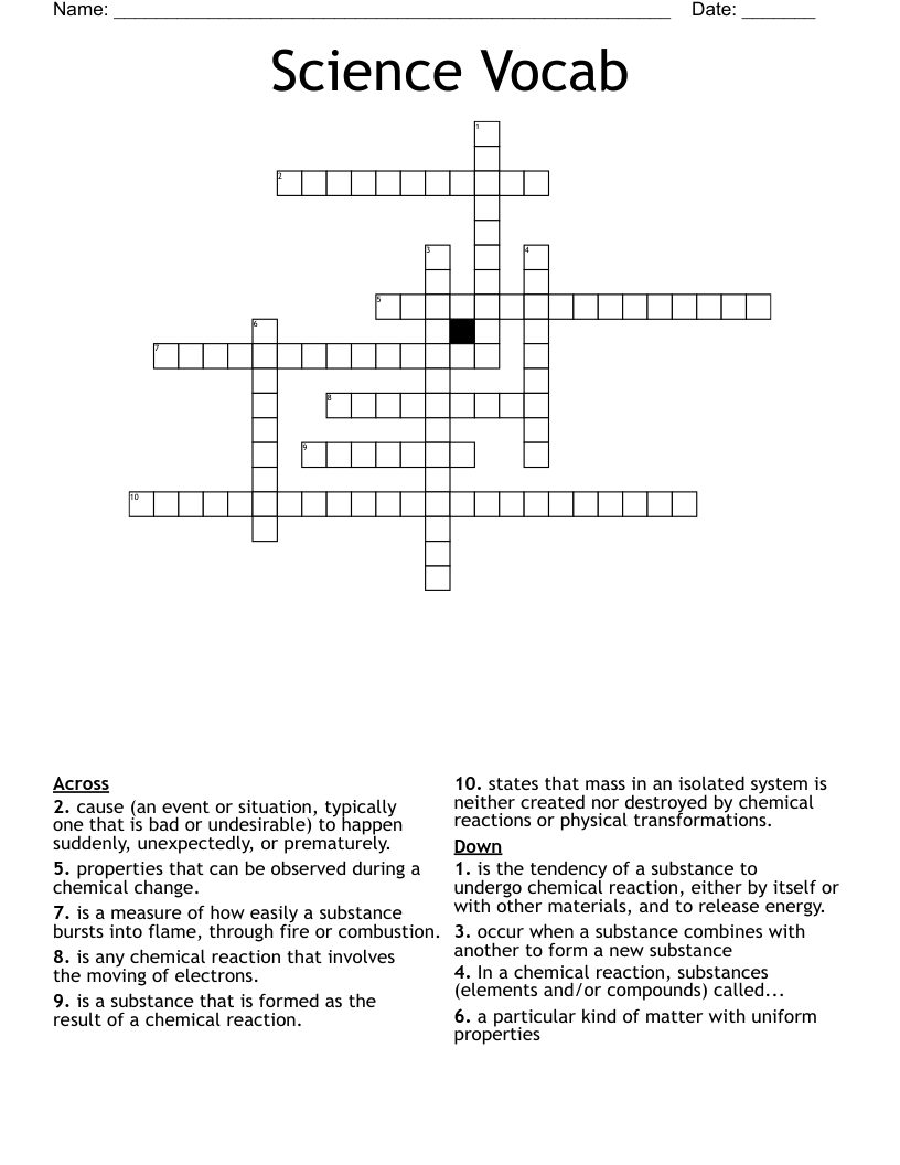 Science Vocab Crossword