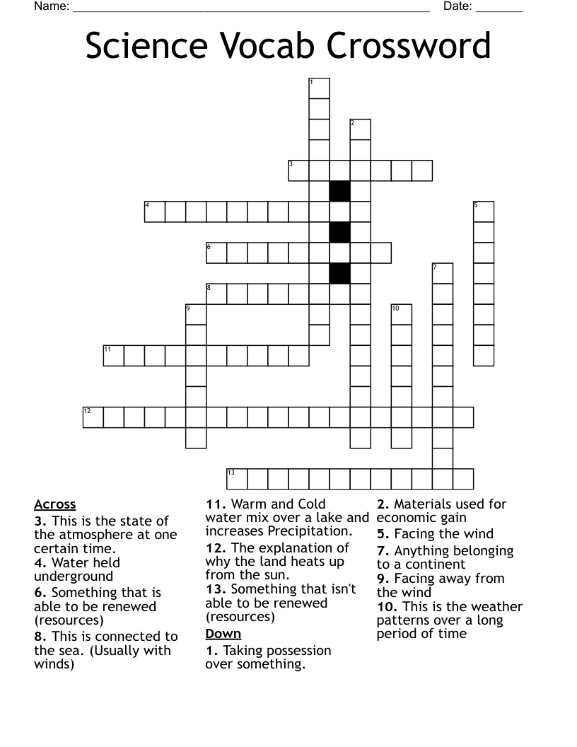Science Vocab Crossword
