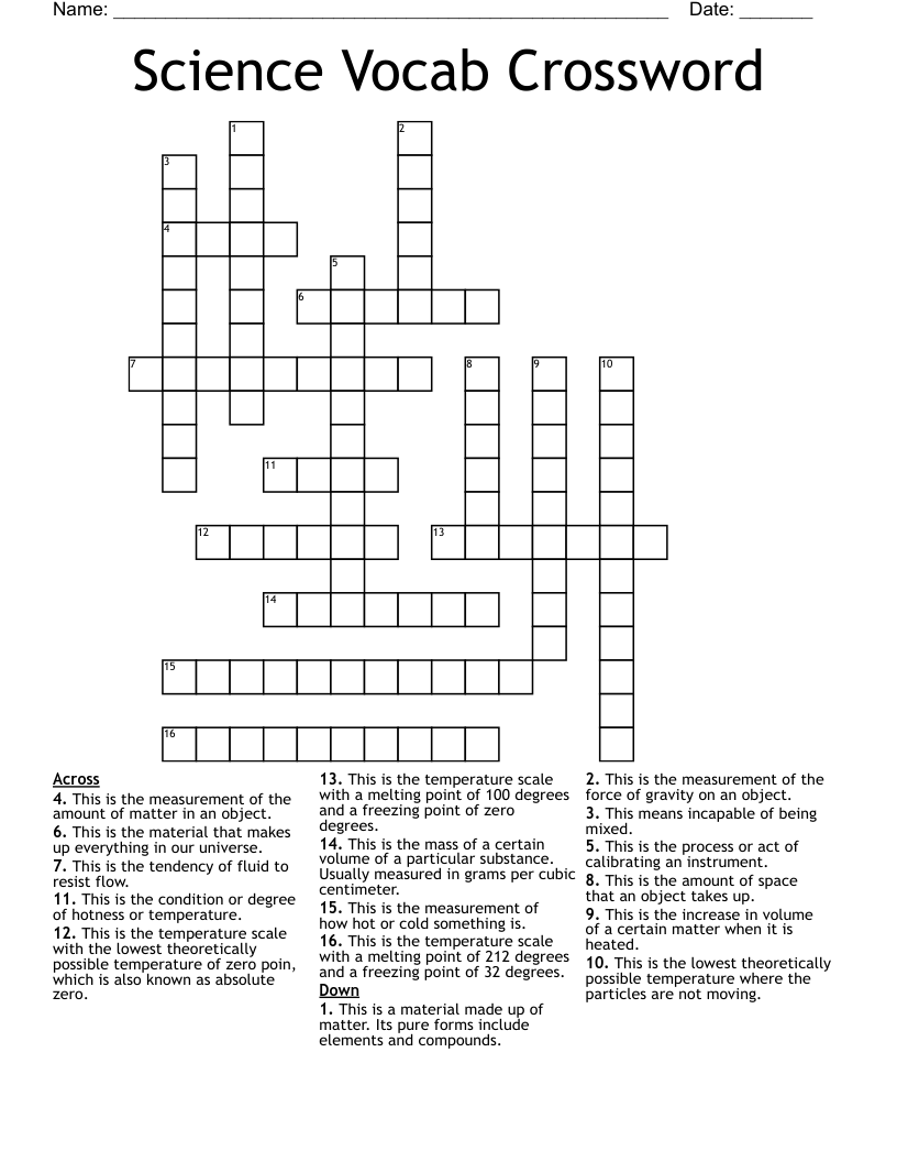 Science Vocab Crossword