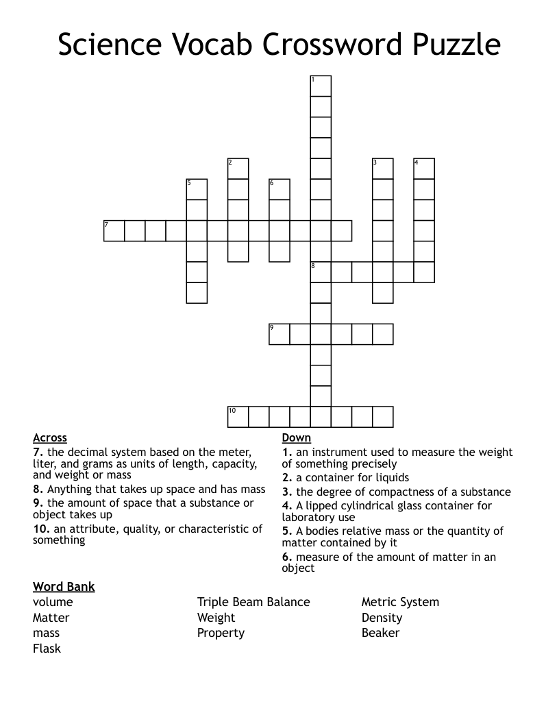 Science Vocab Crossword Puzzle