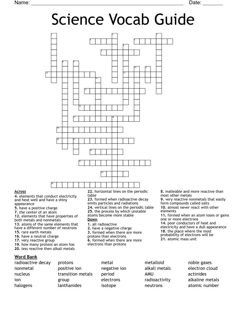 Science Vocab Guide Crossword
