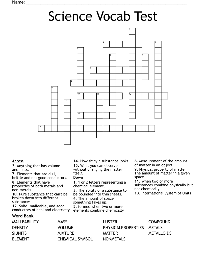 Science Vocab Test Crossword