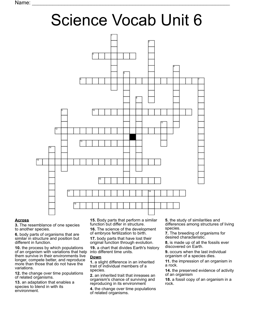 Science Vocab Unit 6 Crossword