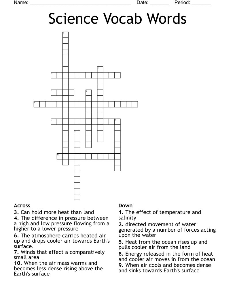 Science Vocab Words Crossword