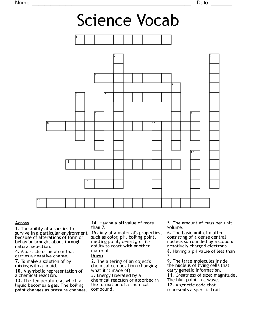 Science Vocab  Crossword