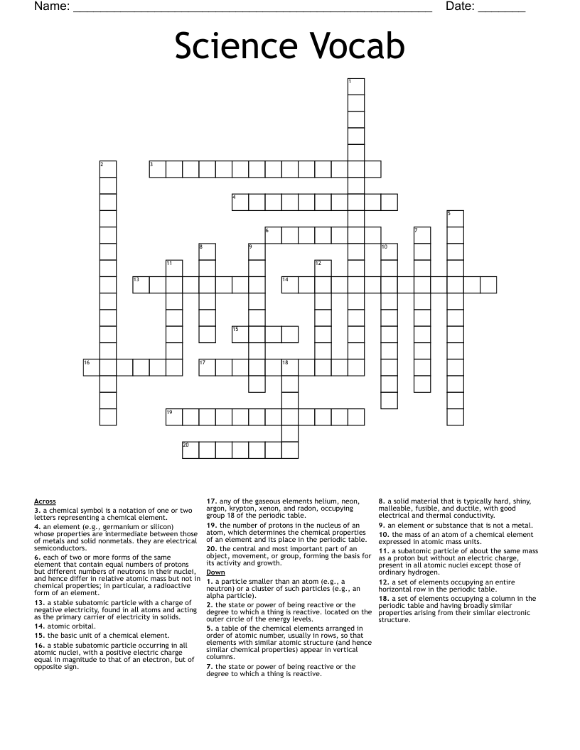 Science Vocab  Crossword