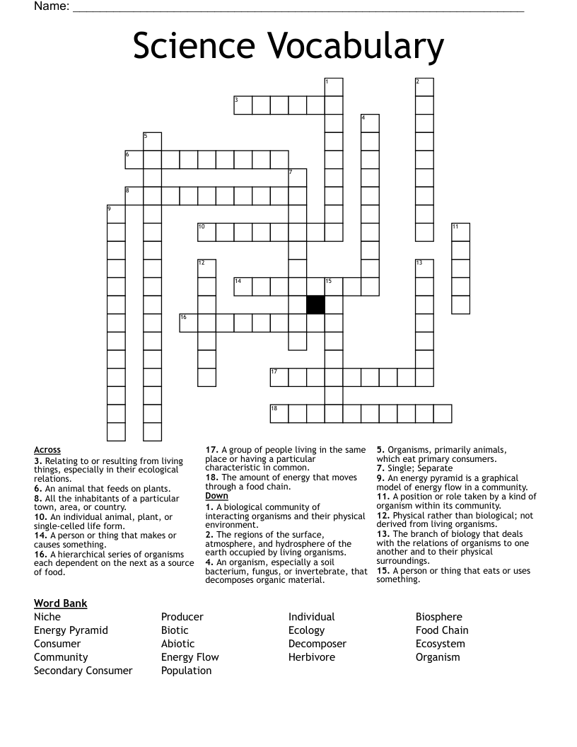 Science Vocabulary Crossword