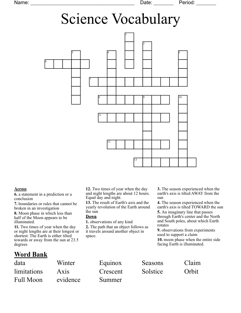 Science Vocabulary Crossword