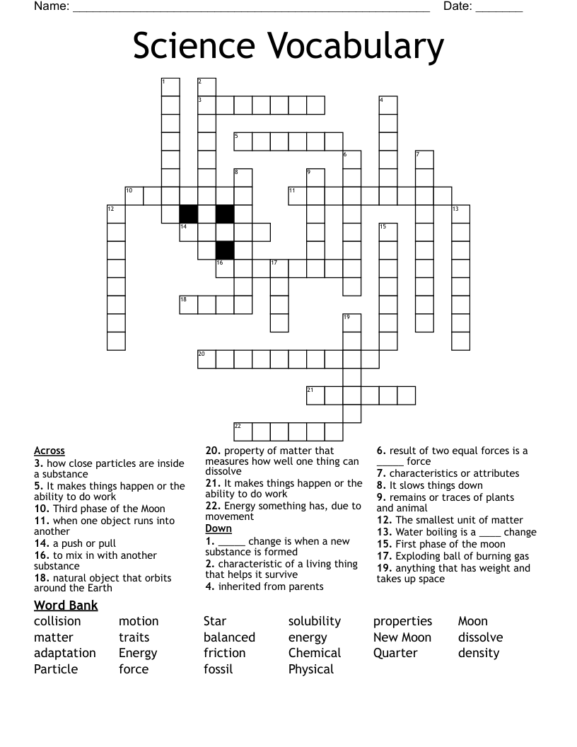 Science Vocabulary Crossword