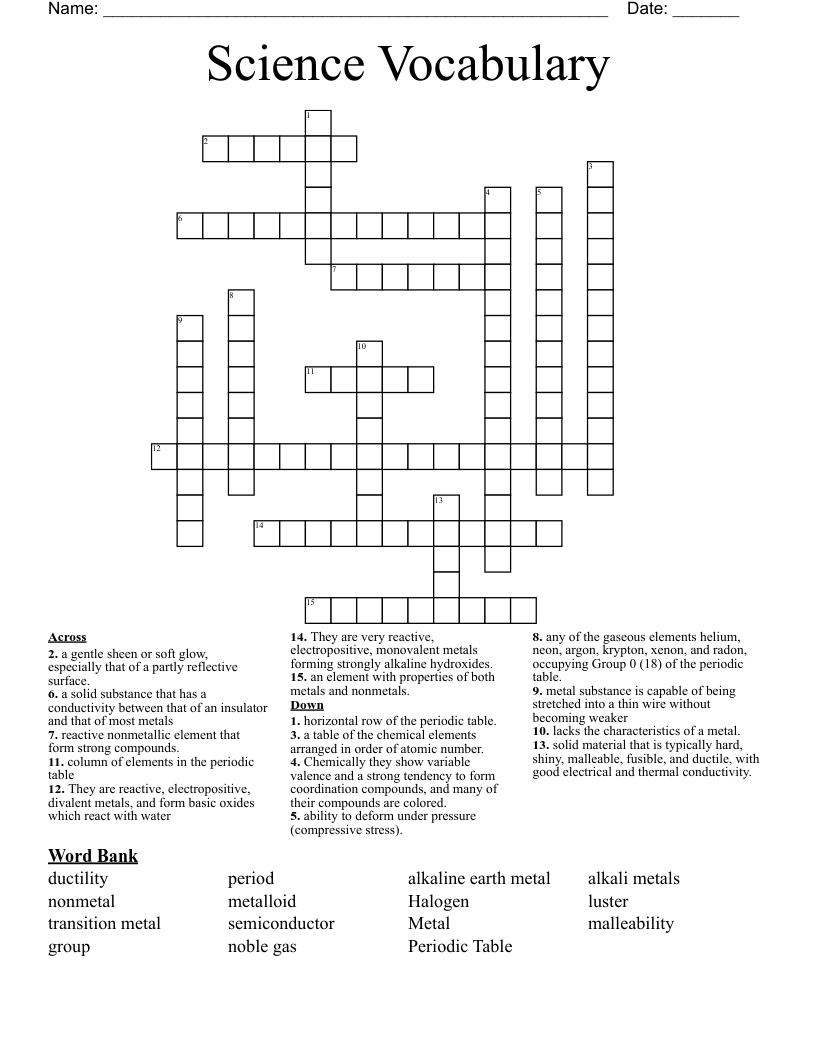 Science Vocabulary Crossword