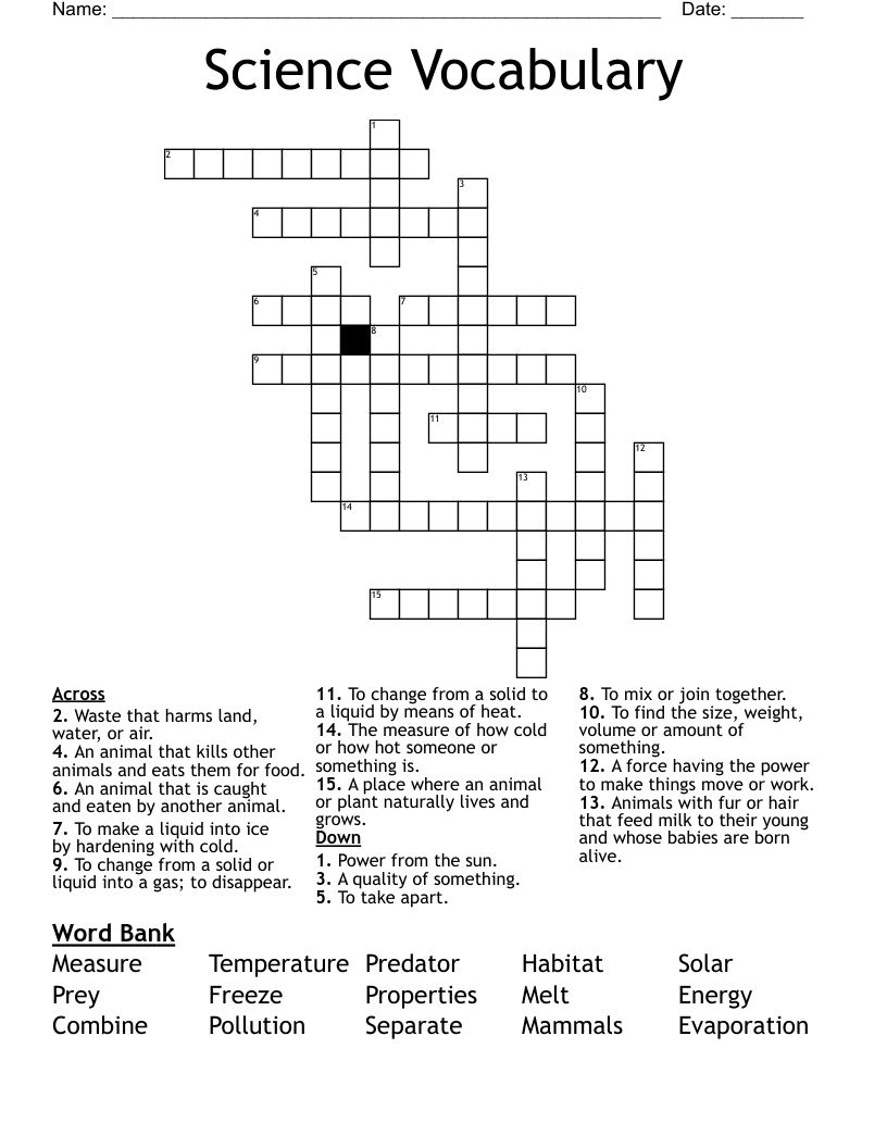 Science Vocabulary Crossword