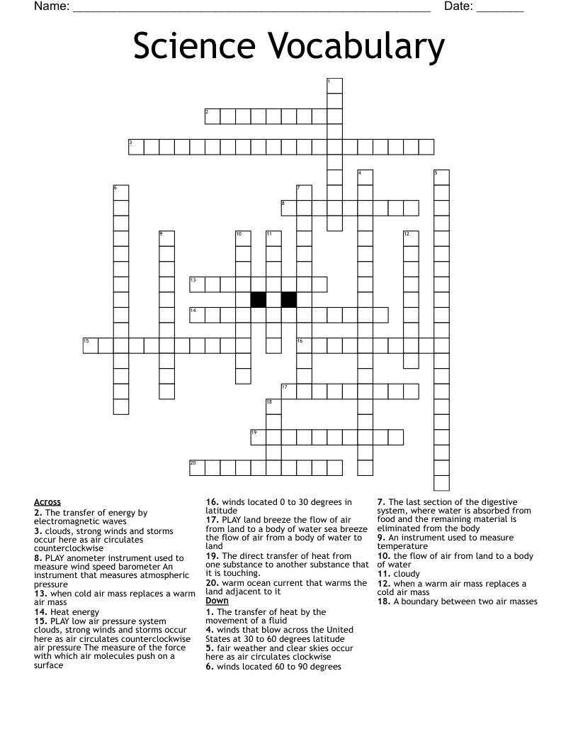 Science Vocabulary Crossword