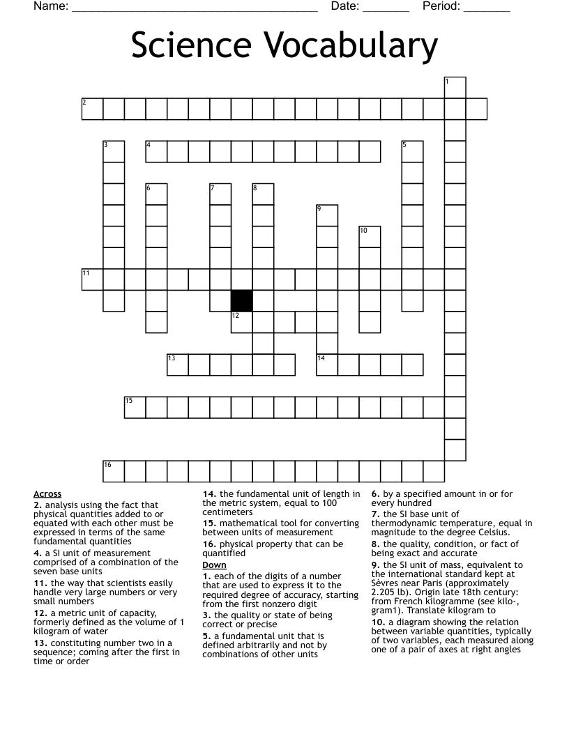 Science Vocabulary Crossword