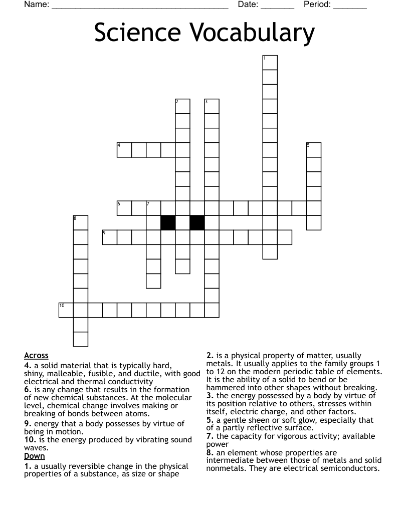 Science Vocabulary Crossword